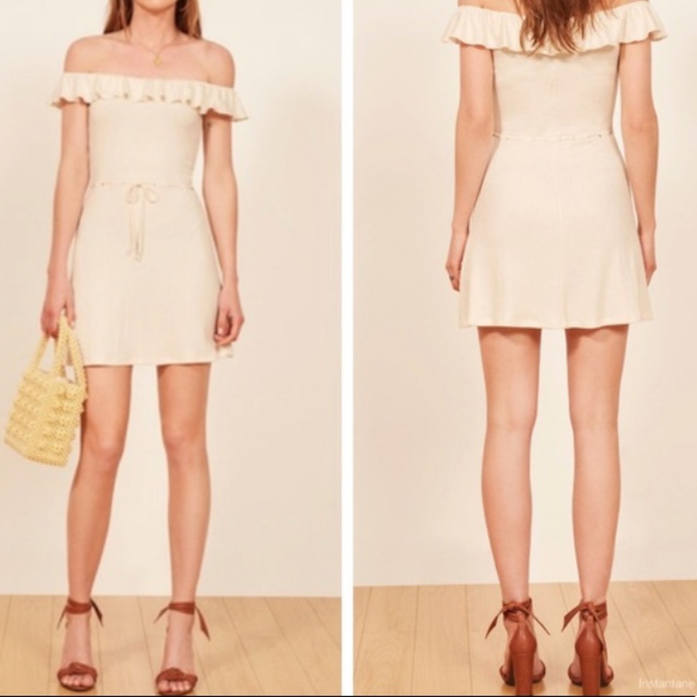 Reformation Granada Ribbed Ruffled White Mini Dress